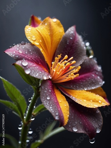Beautiful flower with drops of dew on a dark background. Generative AI.