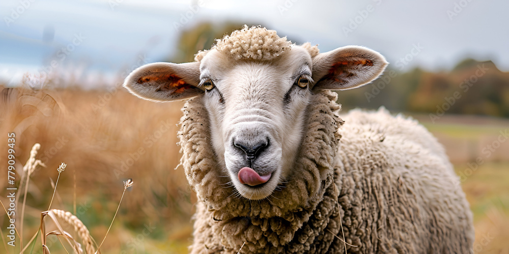 A close up of a funny sheep showing tongue Sheep looking at camera funny style