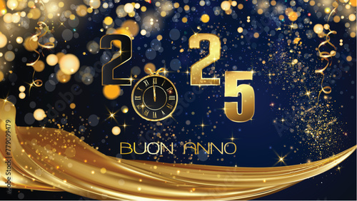 biglietto o striscione per augurare un felice anno nuovo 2025 in oro su sfondo blu con glitter e cerchi effetto bokeh, lo 0 è sostituito da un orologio e sotto un drappo color oro