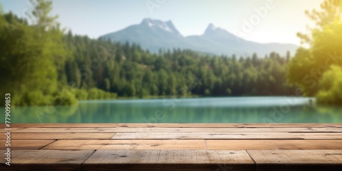 The empty wooden table top with blur background of summer lakes mountain. Exuberant image. generative AI © Summit Art Creations