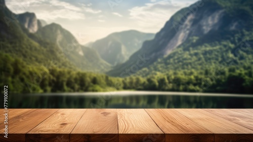 The empty wooden brown table top with blur background of river and mountain. Exuberant image. generative AI © Summit Art Creations