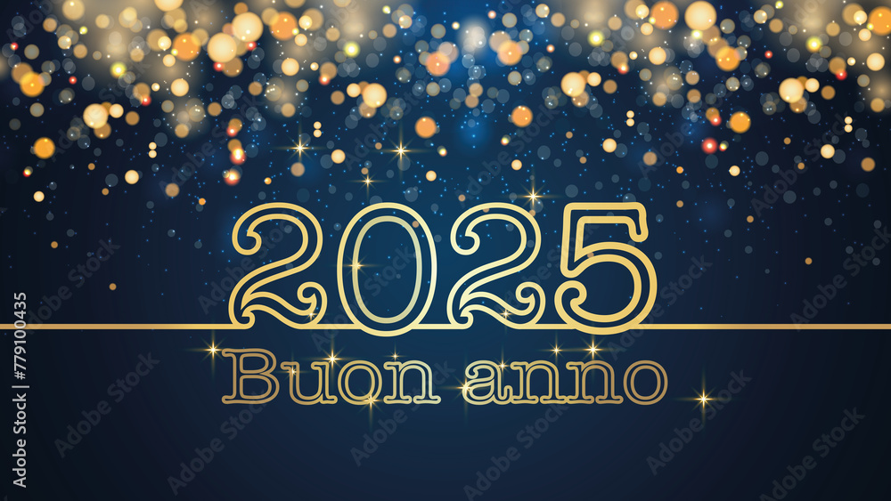 biglietto o striscione per augurare un felice anno nuovo 2025 in oro su sfondo blu con cerchi e glitter color oro con effetto bokeh - obrazy, fototapety, plakaty 