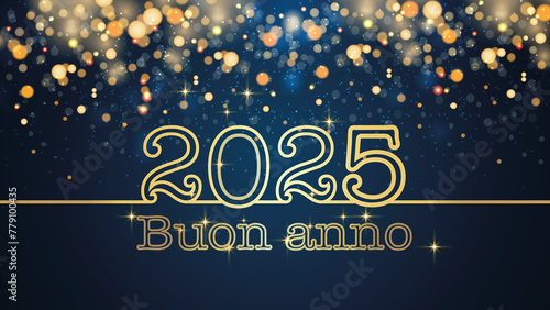 biglietto o striscione per augurare un felice anno nuovo 2025 in oro su sfondo blu con cerchi e glitter color oro con effetto bokeh photo
