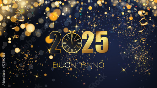 biglietto o striscione per augurare un felice anno nuovo 2025 in oro lo 0 è sostituito da un orologio su sfondo blu con cerchi color oro e glitter effetto bokeh 