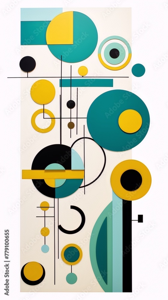 Obraz premium Abstract composition of circles, squares, and lines in teal, yellow, and black. 