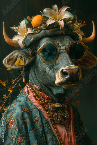 Stylish cow adorned in high fashion  donning extravagant accessories against a luxurious dark backdrop.generative ai