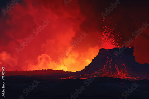 A volcano with a red lava flow