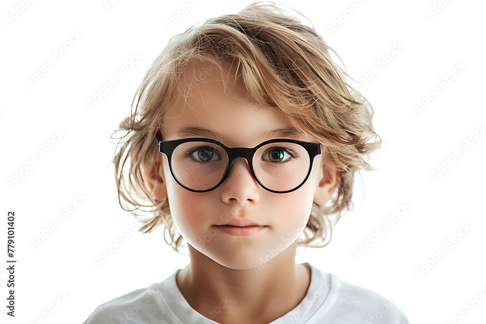 Obraz premium Close portrait of beautiful caucasian kid boy with glasses, isolated on a white background