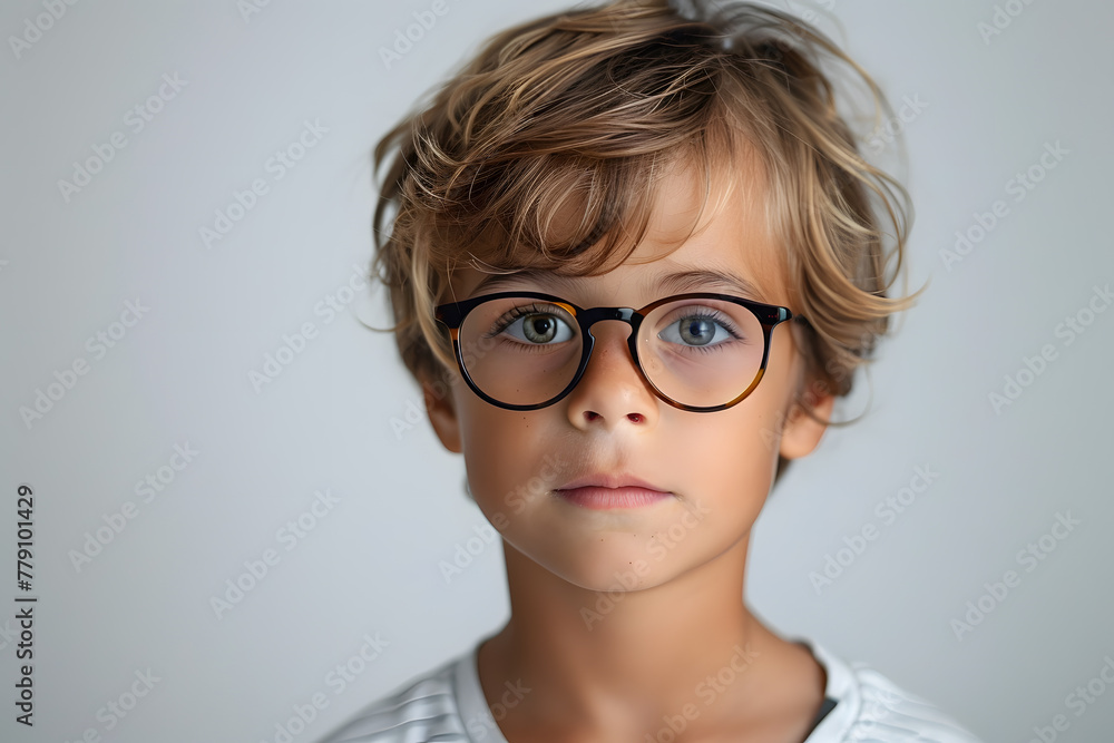 Close portrait of beautiful caucasian kid boy with glasses, isolated on a white background Close portrait of beautiful caucasian kid boy with glasses, isolated on a white background