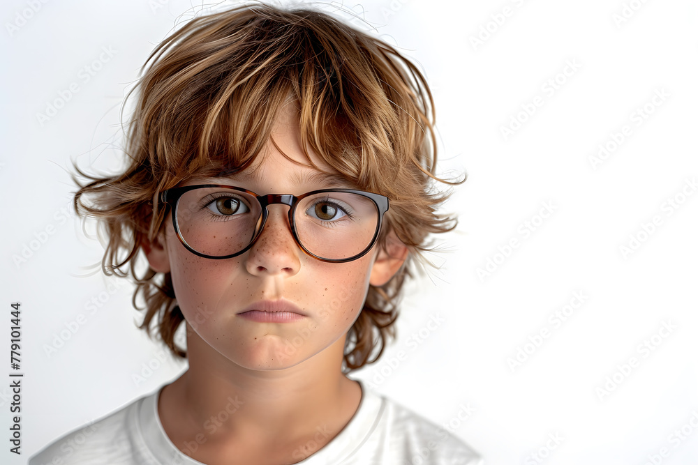 Close portrait of beautiful caucasian kid boy with glasses, isolated on a white background Close portrait of beautiful caucasian kid boy with glasses, isolated on a white background