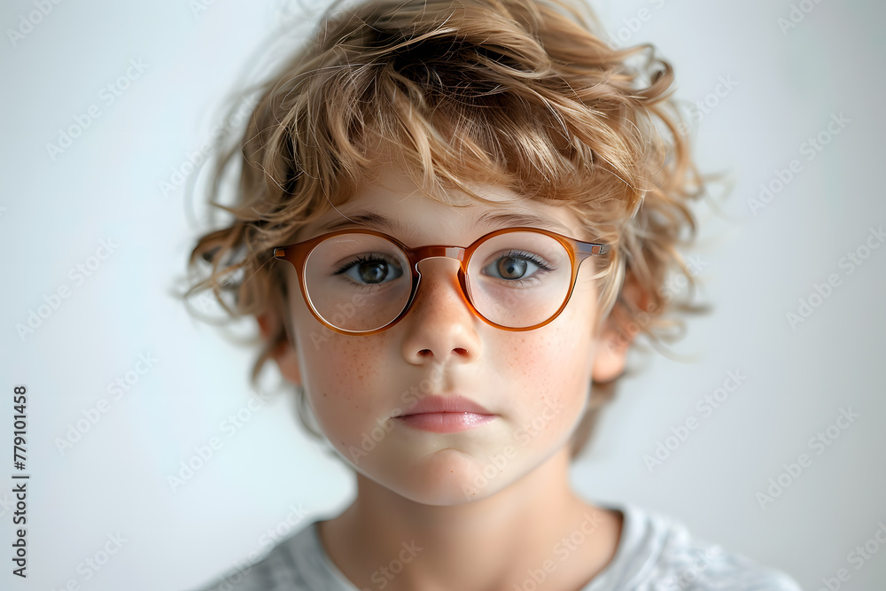 Close portrait of beautiful caucasian kid boy with glasses, isolated on a white background Close portrait of beautiful caucasian kid boy with glasses, isolated on a white background