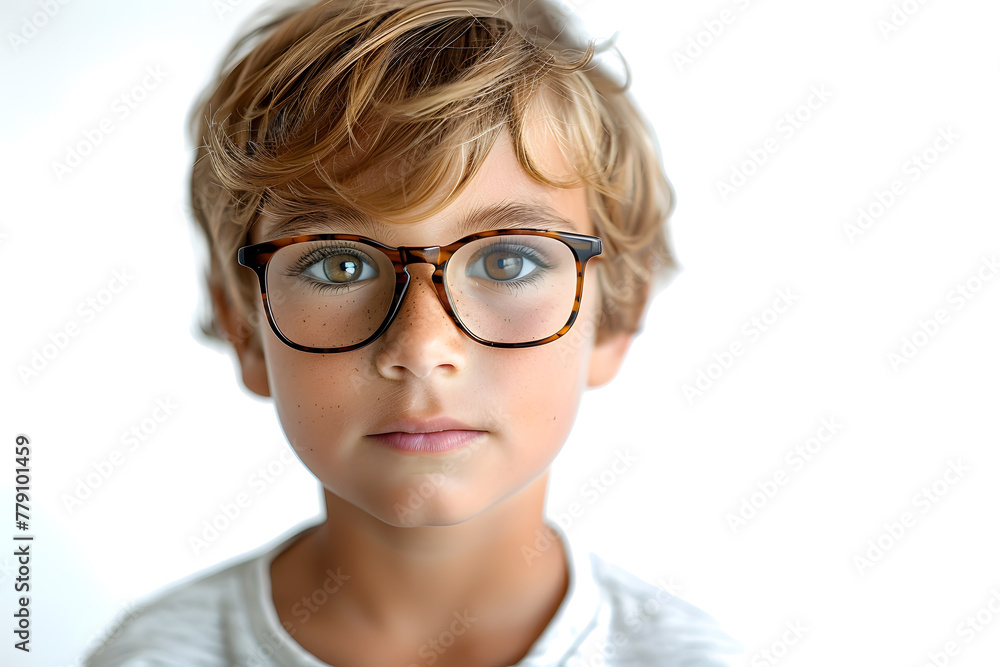 Close portrait of beautiful caucasian kid boy with glasses,  isolated on a white background