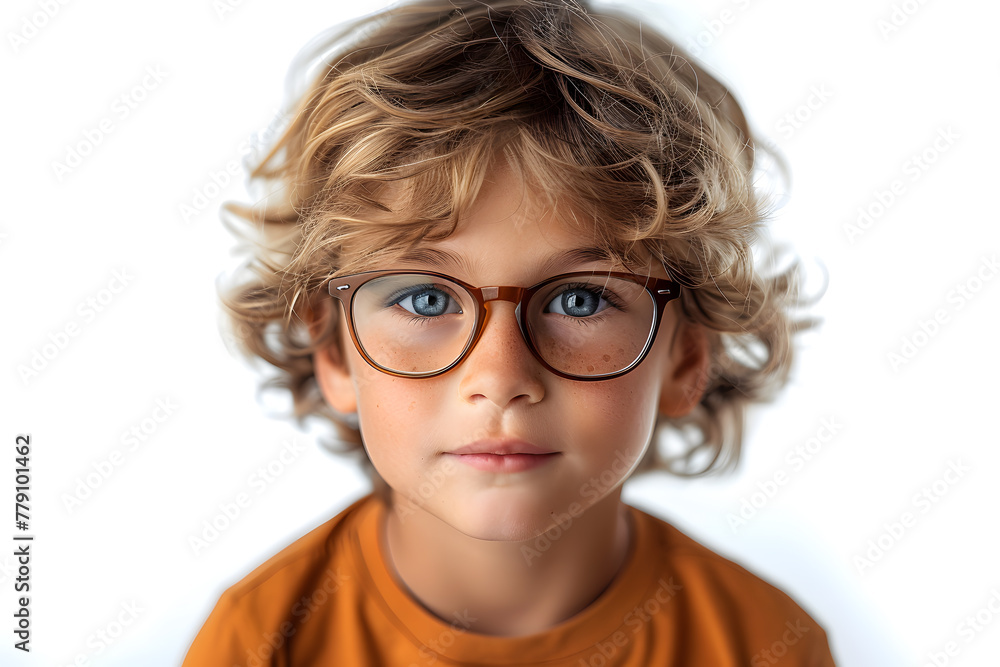 Close portrait of beautiful caucasian kid boy with glasses,  isolated on a white background