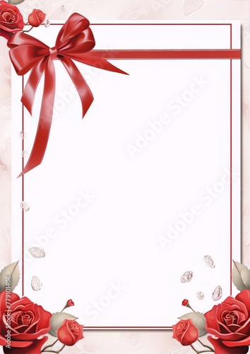 Red roses, ribbon, and blank space, elegant and delicate.
