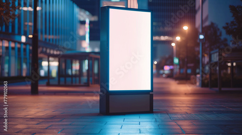 Mockup. Vertical advertising display on the street. Standalone, illuminated advertising column with a blank, white poster mockup against an urban background.