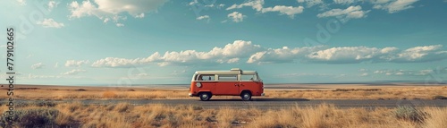 A vintage van parked on an open road, the horizon stretching ahead, capturing the essence of road trip adventures