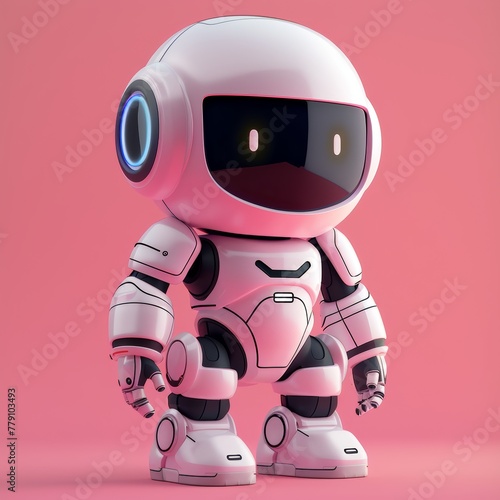 A cute cartoon robot with a white helmet stands on a pink background. The robot has a bright blue light on its head. 3d render style, children cartoon animation style