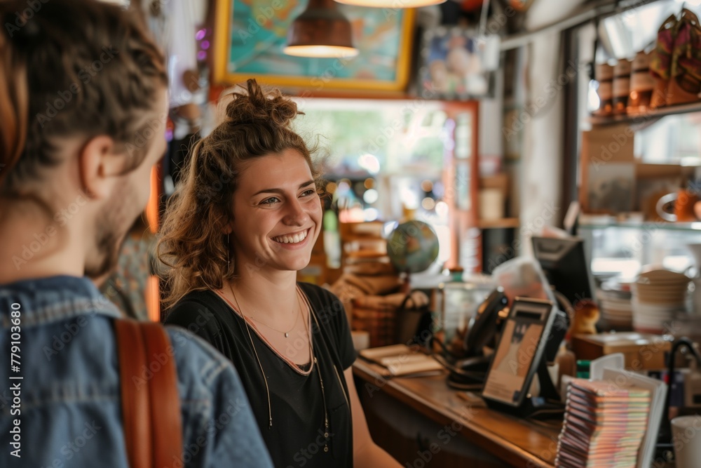 Small business owner engaging with customers or clients in their store Small business owner engaging with customers or clients in their store