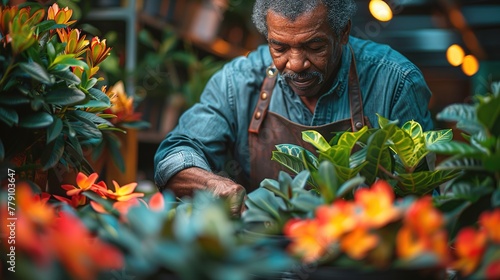 Work with love. Close-up of a black woman in apron cutting dry leaves on flower pots at the contemporary floral boutique. Experienced female florist using pruning shears for nursing green plants