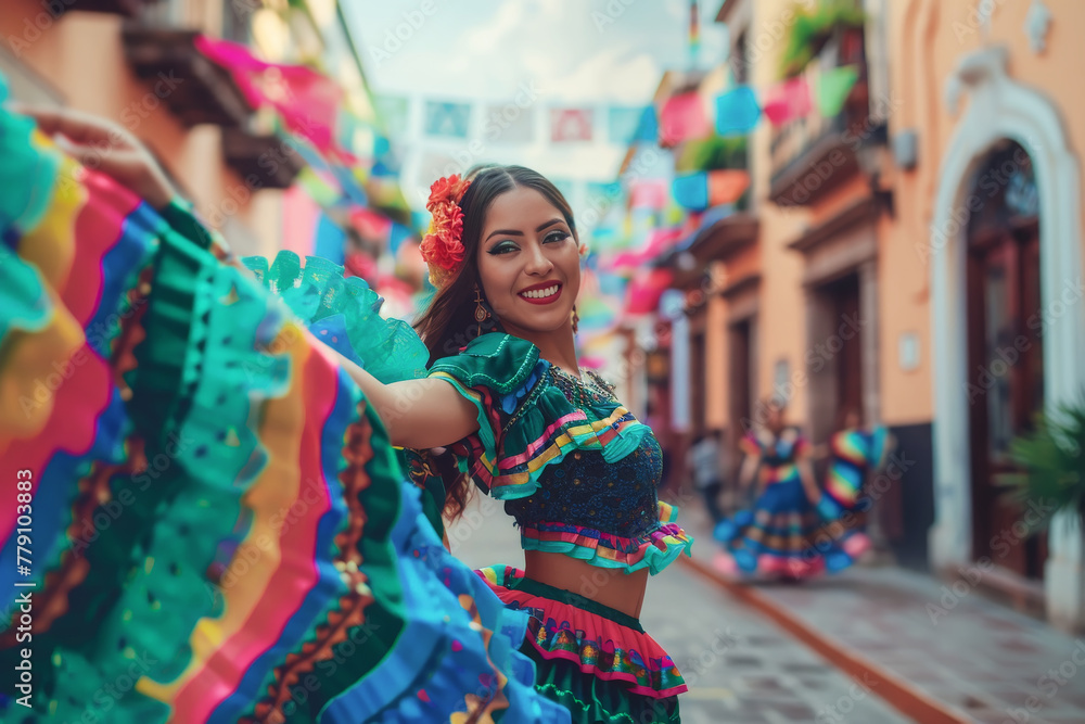 Bella bailarina mexicana vestida con traje tradicional, bailando en una hermosa calle de una ciudad de México, celebrando la fiesta del 5 de mayo