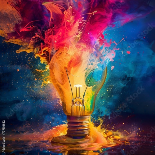 A lightbulb moment captured as a burst of colorful paint energy, symbolizing a sudden, impactful inspiration.