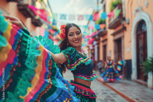 Bella bailarina mexicana vestida con traje tradicional, bailando en una hermosa calle de una ciudad de México, celebrando la fiesta del 5 de mayo photo