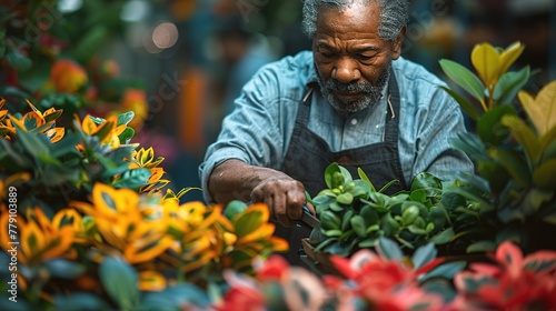 Work with love. Close-up of a black woman in apron cutting dry leaves on flower pots at the contemporary floral boutique. Experienced female florist using pruning shears for nursing green plants
