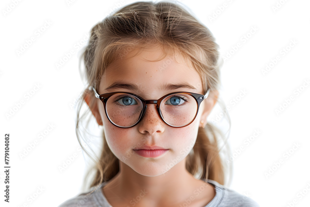 Closeup portrait of beautiful caucasian kid girl with glasses, isolated on a white background Closeup portrait of beautiful caucasian kid girl with glasses, isolated on a white background