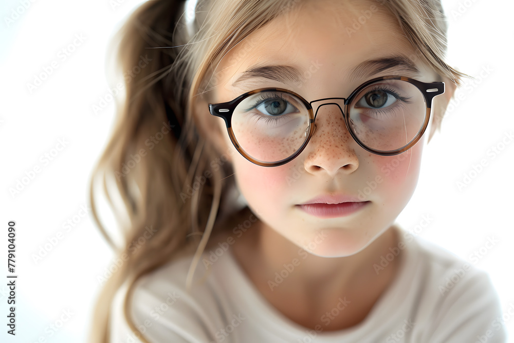 Closeup portrait of beautiful caucasian kid girl with glasses, isolated on a white background