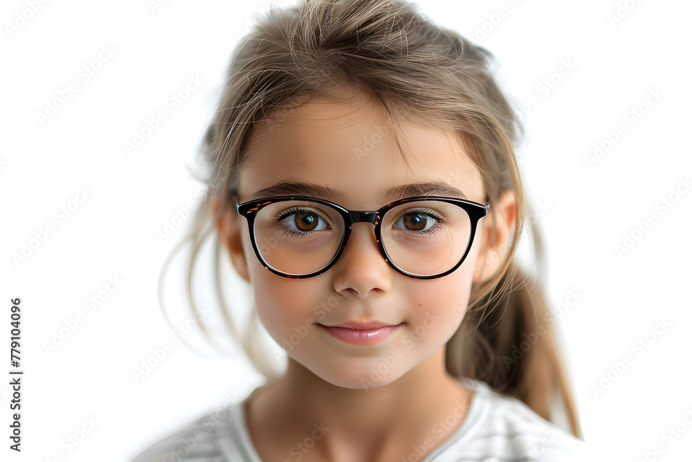 Closeup portrait of beautiful caucasian kid girl with glasses, isolated on a white background Closeup portrait of beautiful caucasian kid girl with glasses, isolated on a white background