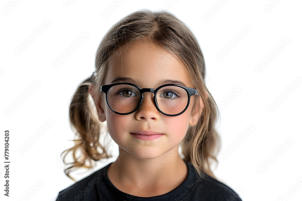 Closeup portrait of beautiful caucasian kid girl with glasses, isolated on a white background Closeup portrait of beautiful caucasian kid girl with glasses, isolated on a white background