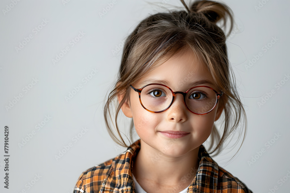 Obraz premium Closeup portrait of beautiful caucasian kid girl with glasses, isolated on a white background