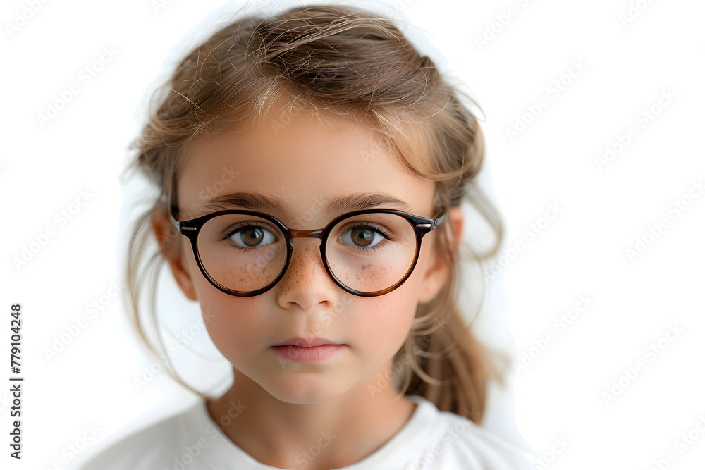 Closeup portrait of beautiful caucasian kid girl with glasses, isolated on a white background