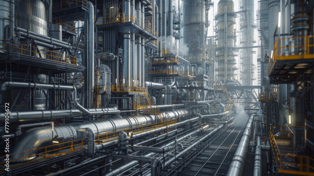 A massive oil refinery with pipes and tanks, temporarily quiet but ready to refine crude oil into various petroleum products A massive oil refinery with pipes and tanks, temporarily quiet but ready to refine crude oil into various petroleum products