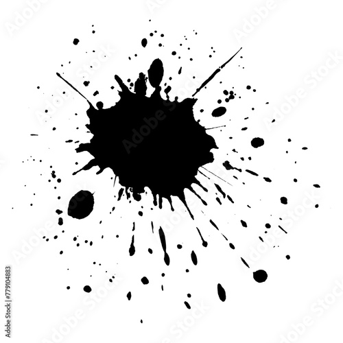 Black paint stain isolated on white paper background with drops and dots around - vector illustration with natural textures and details - paint naturally splashed around one big black point in the cen