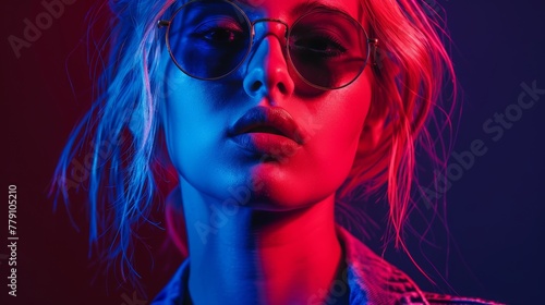 A studio portrait of a trendy girl in sunglasses  her features accentuated by the dramatic red and blue neon lighting  close-up