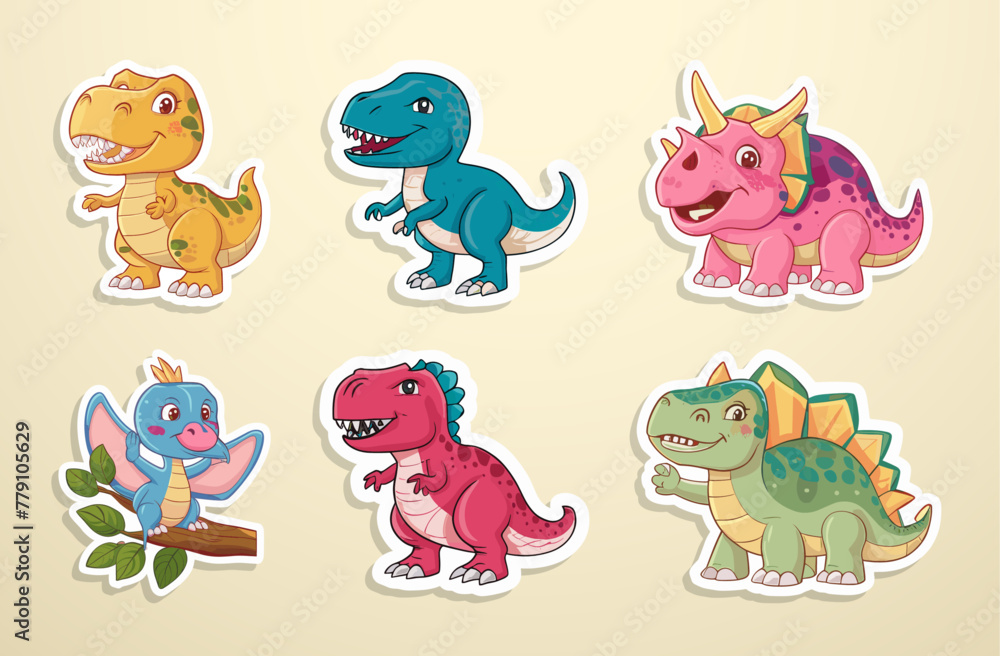 Naklejka premium A set of baby dinosaur sticker vector illustrations. Generative AI