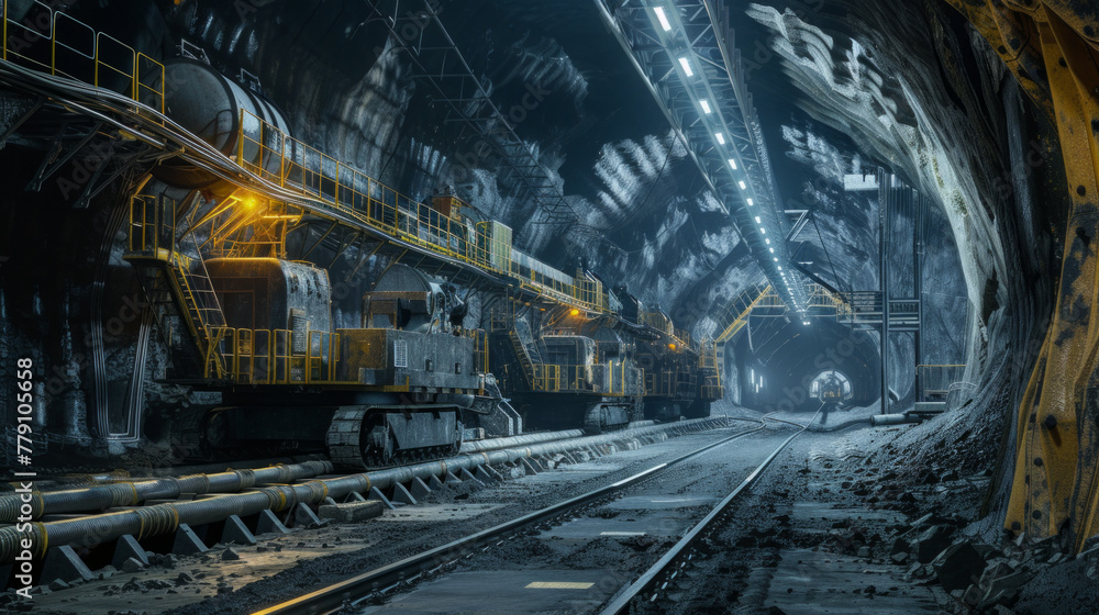 An expansive mining facility with tunnels and conveyor belts, currently at rest but ready to extract minerals from the earth An expansive mining facility with tunnels and conveyor belts, currently at rest but ready to extract minerals from the earth