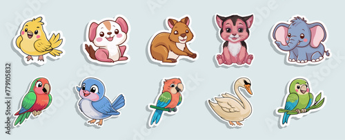 Set of different cute baby animal stickers vector illustrations. Generative AI