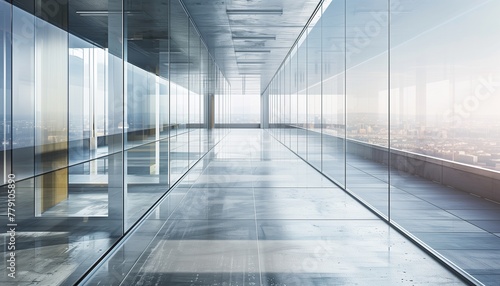 A masterpiece of interior design, this image portrays a glass office corridor with a refined concrete floor,