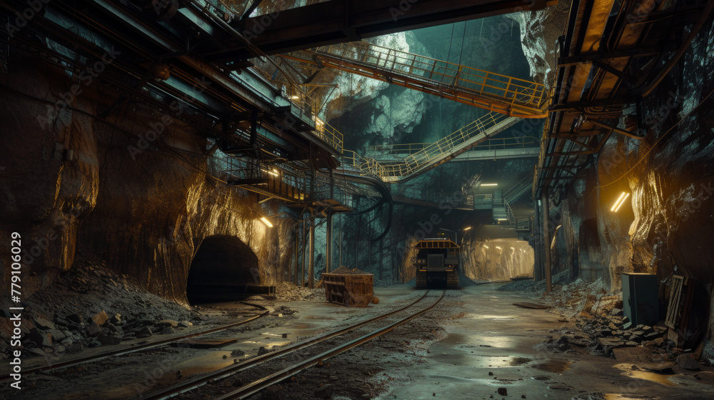 An expansive mining facility with tunnels and conveyor belts, currently at rest but ready to extract minerals from the earth An expansive mining facility with tunnels and conveyor belts, currently at rest but ready to extract minerals from the earth