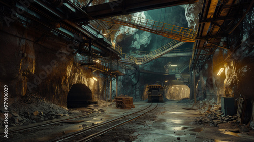 An expansive mining facility with tunnels and conveyor belts, currently at rest but ready to extract minerals from the earth