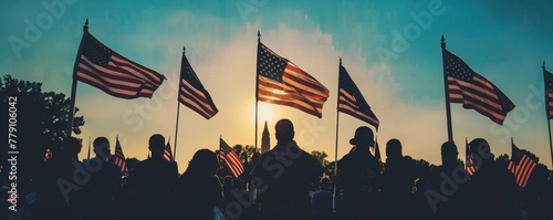 American flag is raised during a ceremonial event commemorating Independence Day, with participants standing in reverence and patriotism, symbolizing the nation's freedom and resilience photo