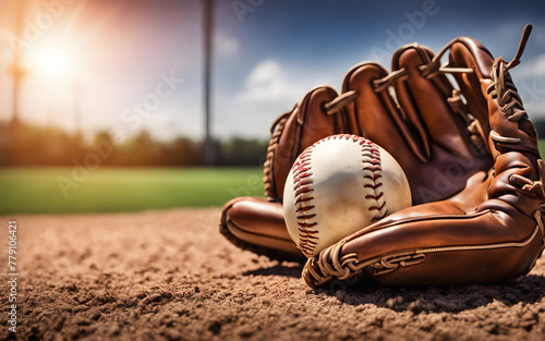 A baseball and glove on the field, symbolizing America's pastime and teamwork, with a defocused ballpark in the background photo