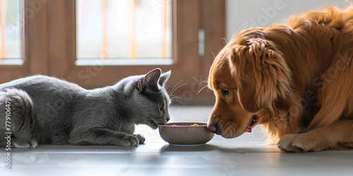 Dog and cat eating food out of bowl on table pet day photo