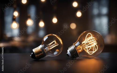 A bright lightbulb illuminated against a dark backdrop, symbolizing ideas and innovation, with a defocused workshop in the background