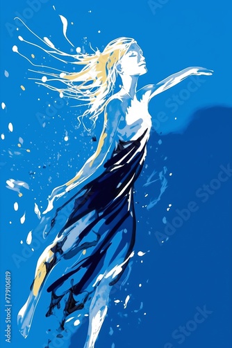 Abstract innovative painting of a blonde beauty in blue dress.
