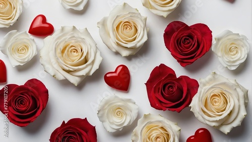 Red and white roses and hearts on a white background  