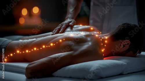 Physiotherapist tenderly massages patient s back  neural pathways symbolizing therapeutic bond. Detailed anatomy  soft lighting  and serene environment accentuate healing connection.generative ai