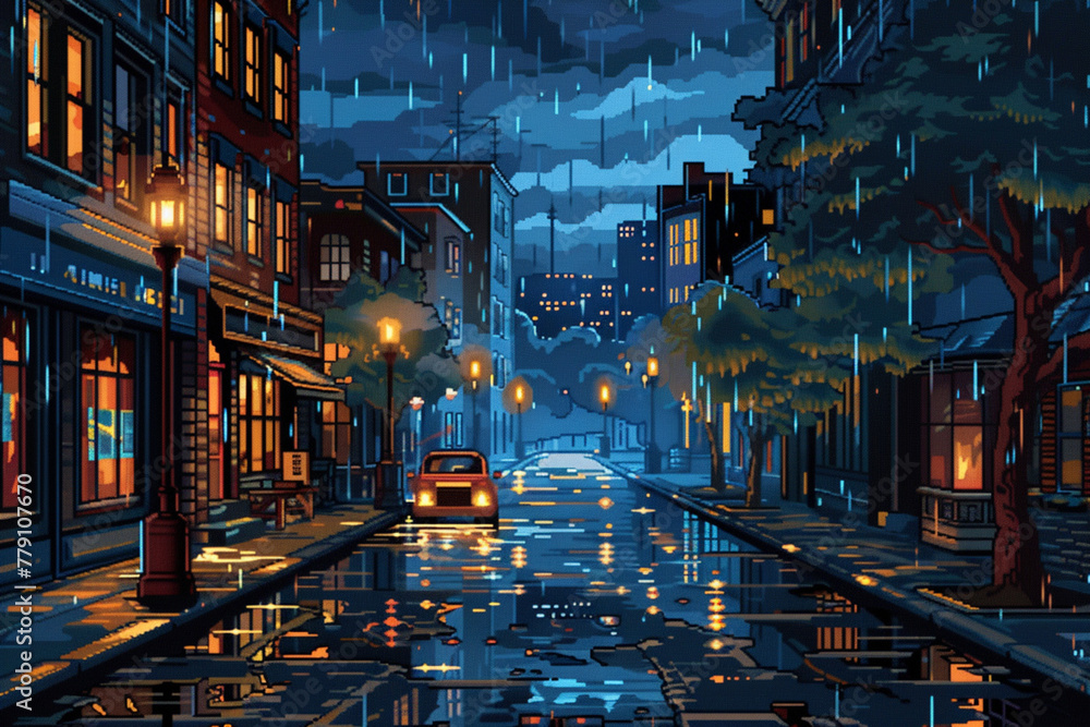 2d pixel art of city street at night , urban city, rain season, game art, 16 bit, 32 bit